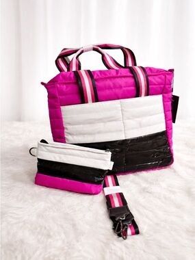 THINK ROYLYN Large Hot Pink Quilted Tote with matching crossbody small bag